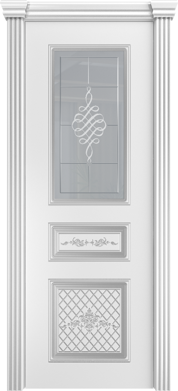 Межкомнатная дверь Венеция со стеклом Белая патина серебро